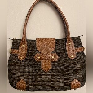 NWOT Eric Javits Brown Raffia And Embossed Leather Trim Handbag